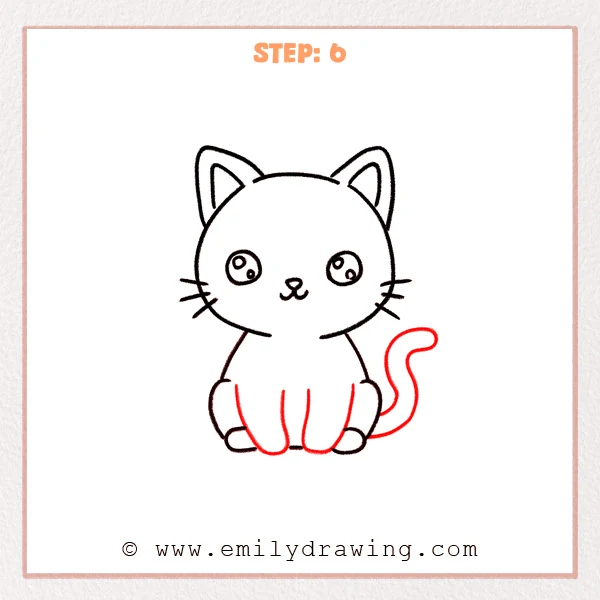 how to draw a black cat - Step 6: Inner paw lines and a curled tail complete the black cat drawing.
